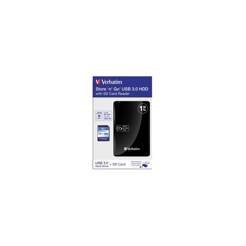 Verbatim zewnętrzny dysk twardy z czytnikiem kart pamięci, Store N Go, 2.5", USB 3.0 (3.2 Gen 1), 1TB, 53421, czarny, + SD karta