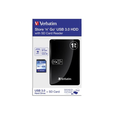 Verbatim zewnętrzny dysk twardy z czytnikiem kart pamięci, Store N Go, 2.5", USB 3.0 (3.2 Gen 1), 1TB, 53421, czarny, + SD karta