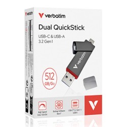Verbatim USB flash disk, USB C a USB 3.2 Gen 1, 512GB, Dual QuickStick, szary, 32042, USB C, z oczkiem na brelok, EOL