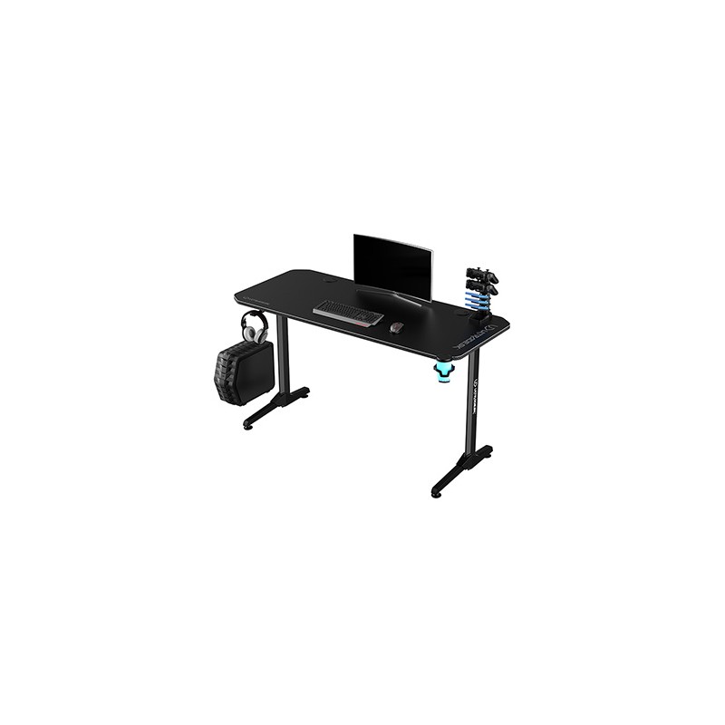 ULTRADESK Biurko dla gracza FRAG - BLACK V3, 140x60 cm, 76 cm, z podkładką pod mysz, uchwyt na słuchawki i napój