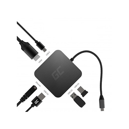 USB-C (3.0) hub 7-port, AK-61, szary, Green Cell, 3xUSB 3.0, HDMI 4K (30Hz), Ethernet 1Gbps, USB-C