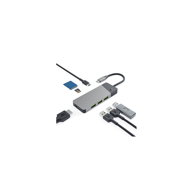 USB (3.1) hub 7-port, HUBGC01, szary, długość przewodu 15cm, Green Cell, 3xUSB-A,1xUSB-C, 1xHDMI, 1xSD,1xmicroSD, wspar. 4K