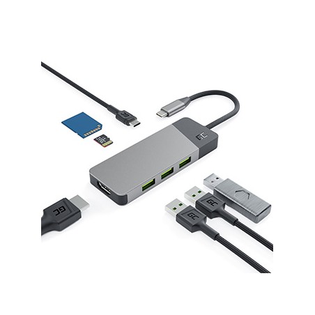 USB (3.1) hub 7-port, HUBGC01, szary, długość przewodu 15cm, Green Cell, 3xUSB-A,1xUSB-C, 1xHDMI, 1xSD,1xmicroSD, wspar. 4K