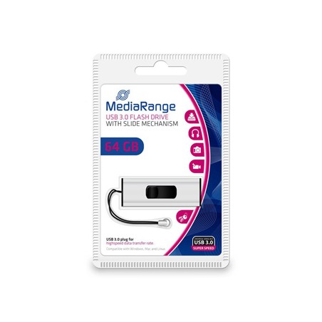 MediaRange USB flash disk, USB 3.0, 64GB, srebrny, MR917, USB A, wysuwany