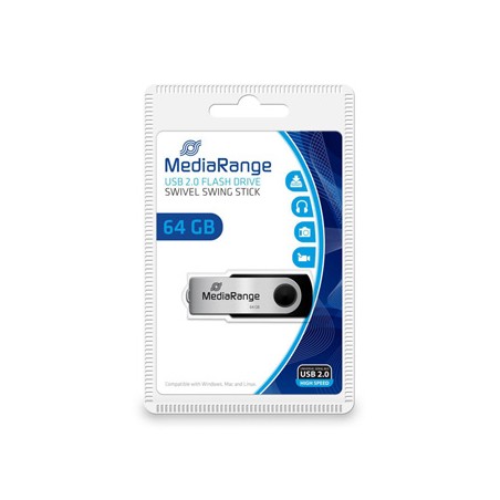 MediaRange USB flash disk, USB USB 2.0, 64GB, czarny, MR912, USB A, swivel / twister