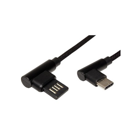 USB kabel (2.0), USB A M - USB C (M), 3m, okrągły, czarny, plastic bag, konektor 90°