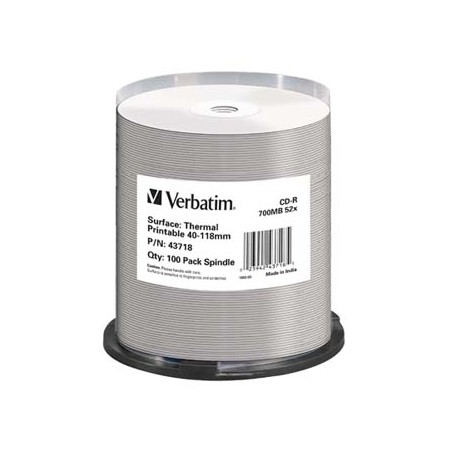 Verbatim CD-R, 43718, Thermal Printable - No ID Brand, 100-pack, 700MB, 52x, 80min., 12cm, spindle, do archiwizacji danych