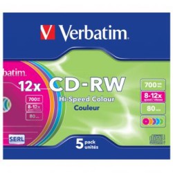 Verbatim CD-RW, 43167, SERL High-Speed Colour, 5-pack, 700MB, 12x, 80min., 12cm, bez możliwości nadruku, slim box, do archiwizac
