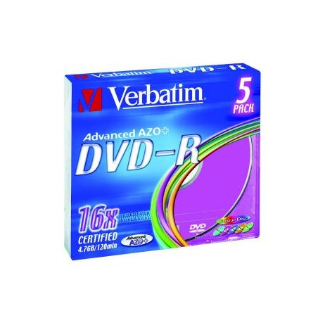Verbatim DVD-R, Colour, 43557, 4.7GB, 16x, slim box, 5-pack, bez możliwości nadruku, 12cm, do archiwizacji danych