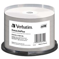 Verbatim DVD-R, DataLifePlus Wide Inkjetr Printable, 43744, 4.7GB, 16X, cake box, 50-pack, 12cm, do archiwizacji danych