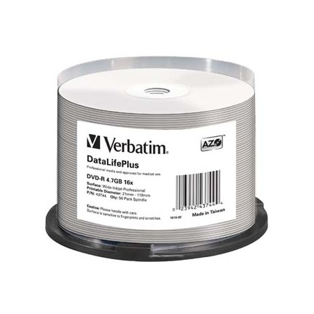 Verbatim DVD-R, DataLifePlus Wide Inkjetr Printable, 43744, 4.7GB, 16X, cake box, 50-pack, 12cm, do archiwizacji danych