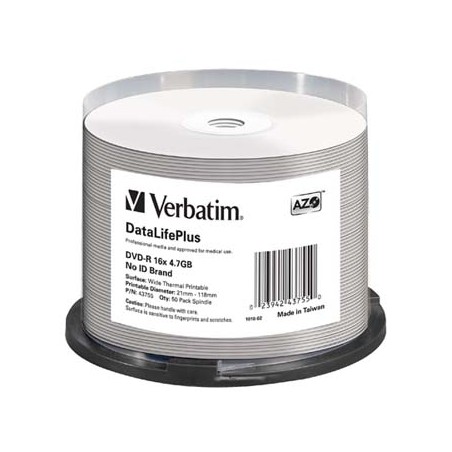 Verbatim DVD-R, DataLifePlus Wide Thermal Printable - No ID Brand, 43755, 4.7GB, 16x, spindle, 50-pack, 12cm, do archiwizacji da