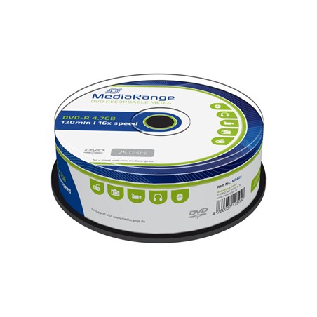 Mediarange DVD-R, MR403, 4.7GB, 16x, cake box, 25-pack, bez możliwości nadruku, 12cm, Standard, do archiwizacji danych
