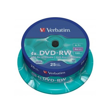 Verbatim DVD-RW, Matt Silver, 43639, 4.7GB, 4x, spindle, 25-pack, bez możliwości nadruku, 12cm, do archiwizacji danych