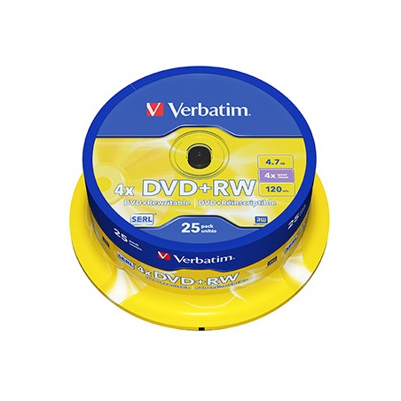 Verbatim DVD+RW, Matt Silver, 43489, 4.7GB, 4x, spindle, 25-pack, bez możliwości nadruku, 12cm, do archiwizacji danych