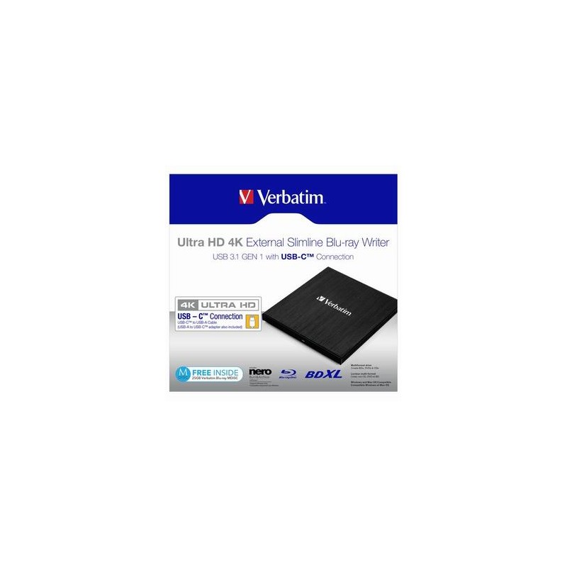 Verbatim Zewnętrzna nagrywarka Blu-Ray, 43888, USB 3.1 Gen1 (3.0), USB C