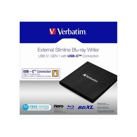 Verbatim Zewnętrzna nagrywarka Blu-Ray, 43889, USB 3.1, USB-C, 25GB MDISC GRATIS