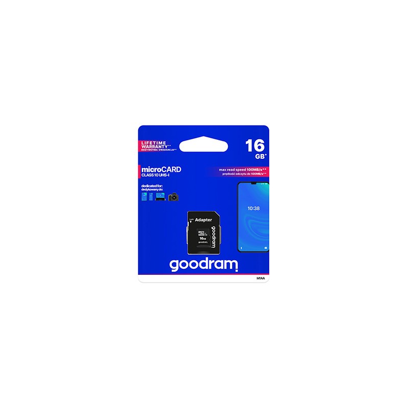 Goodram Karta pamięci Micro Secure Digital Card, 16GB, micro SDHC, M1AA-0160R12, UHS-I U1 (Class 10), z adapterm