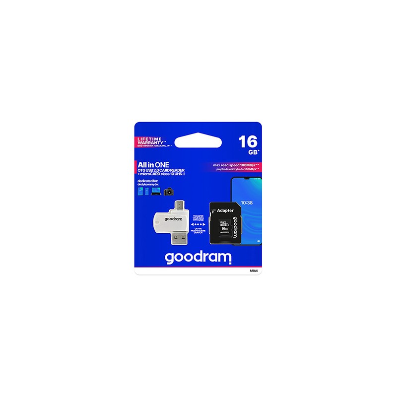 Goodram Karta pamięci Micro Secure Digital Card All-In-ON, 16GB, micro SDHC, M1A4-0160R12, UHS-I U1 (Class 10), ALL in One z czy