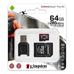 Kingston karta pamięci  Canvas React Plus, 64GB, micro SDXC, MLPMR2/64GB, UHS-II U3, z adapterm, A1, V90