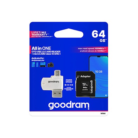 Goodram Karta pamięci Micro Secure Digital Card All-In-ON, 64GB, multipack, M1A4-0640R12, UHS-I U1 (Class 10), ALL in One z czyt