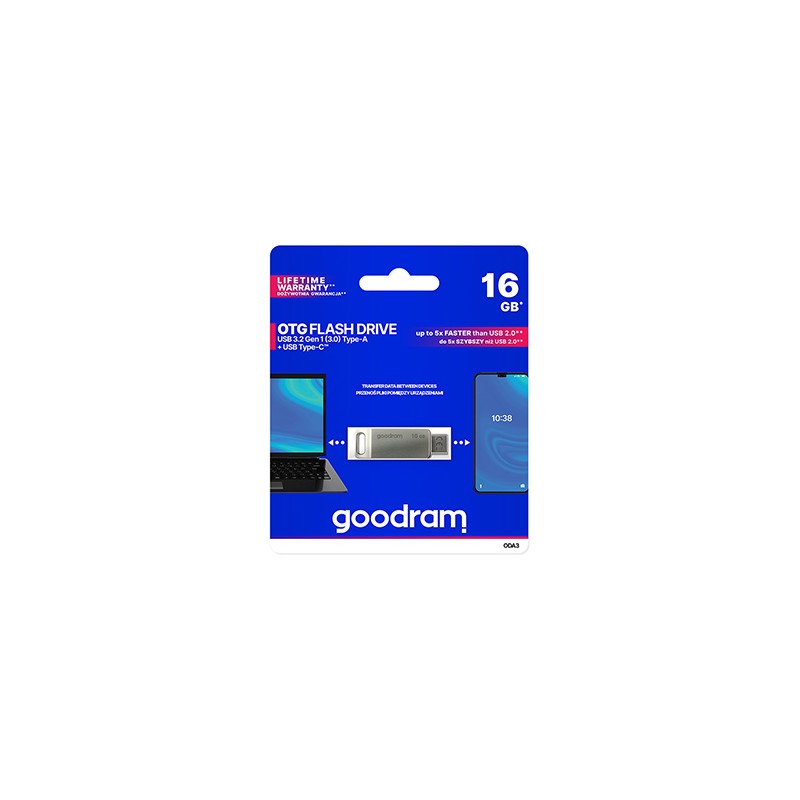 Goodram USB flash disk, USB 3.0, 16GB, ODA3, srebrny, ODA3-0160S0R11, USB A / USB C, z obrotową osłoną