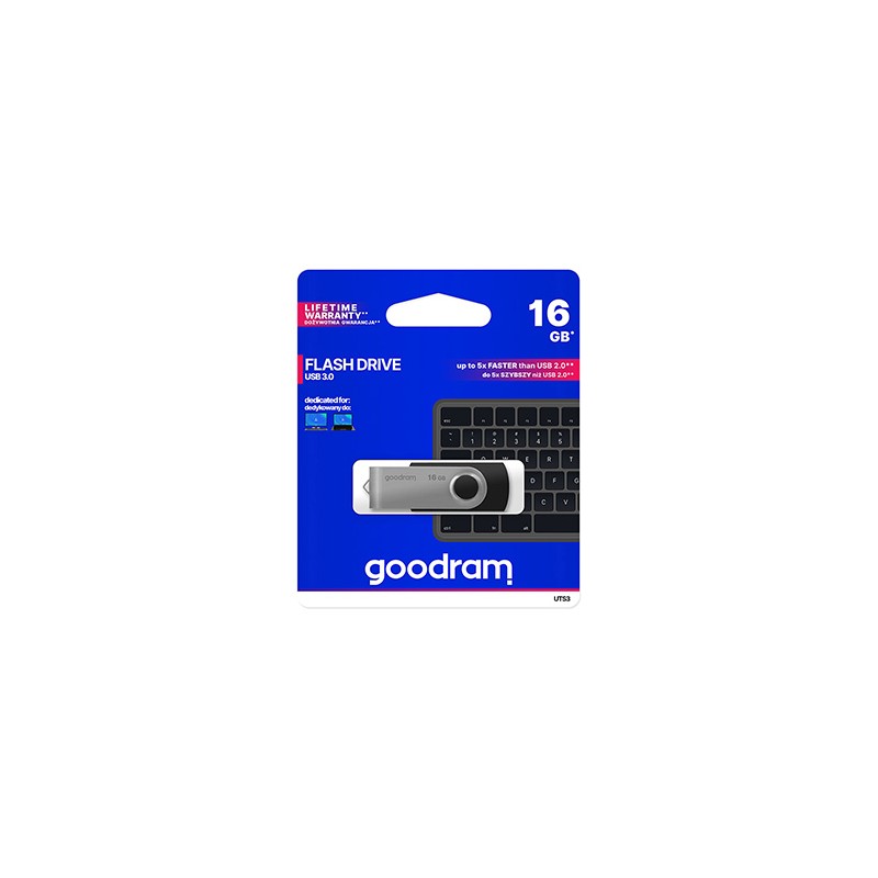 Goodram USB flash disk, USB 3.0, 16GB, UTS3, czarny, UTS3-0160K0R11, USB A, z obrotową osłoną