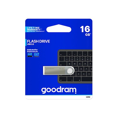 Goodram USB flash disk, USB 2.0, 16GB, UUN2, srebrny, UUN2-0160S0R11, USB A, z oczkiem na brelok