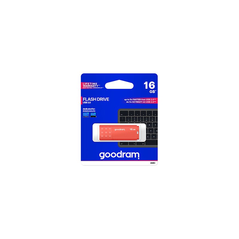 Goodram USB flash disk, USB 3.0, 16GB, UME3, pomarańczowy, UME3-0160O0R11, USB A, z osłoną