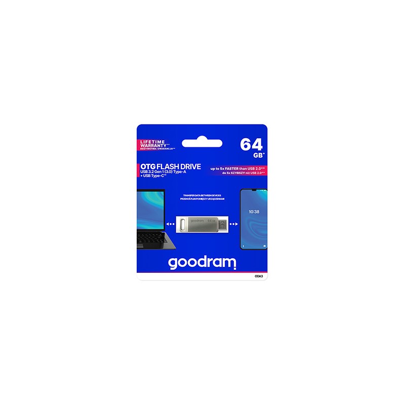 Goodram USB flash disk, USB 3.0, 64GB, ODA3, srebrny, ODA3-0640S0R11, USB A / USB C, z obrotową osłoną