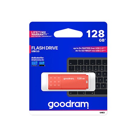Goodram USB flash disk, USB 3.0, 128GB, UME3, pomarańczowy, UME3-1280O0R11, USB A, z osłoną