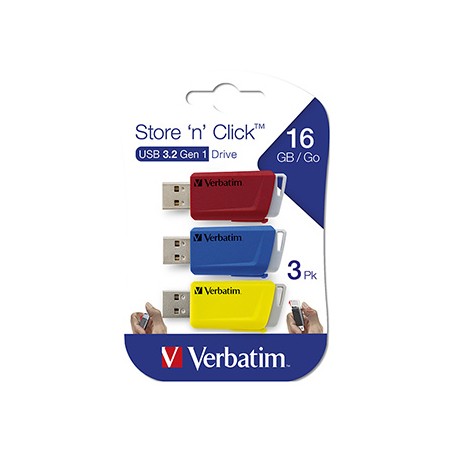 Verbatim USB flash disk, USB 3.0, 16GB, Store N Click, mix kolorów, 49306, USB A, z wysuwanym złączem. 3 szt