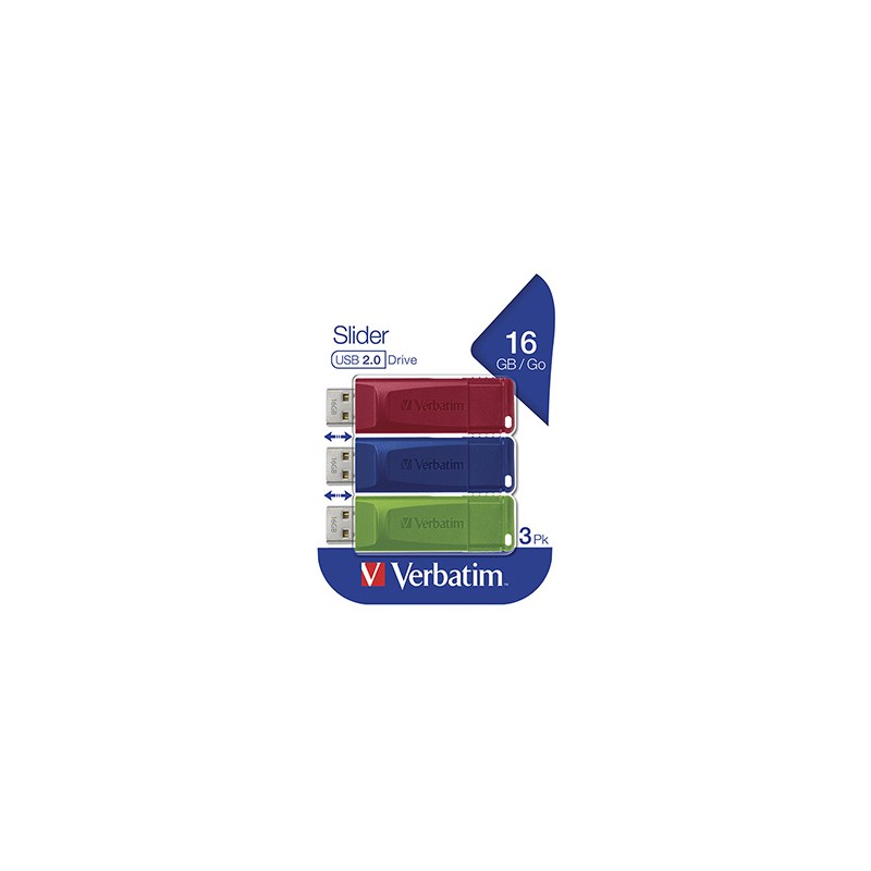 Verbatim USB flash disk, USB 2.0, 16GB, Slider, zielony, niebieski, czerwony, 49326, USB A, z wysuwanym złączem. 3 szt