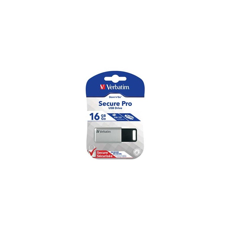 Verbatim USB flash disk, USB 3.0, 16GB, Secure Pro, Store N Go, srebrny, 98664, USB A, szyfrowanie AES 256-bit, wysuwane złącze