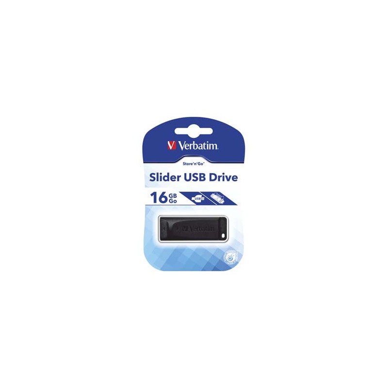 Verbatim USB flash disk, USB 2.0, 16GB, Slider, Store N Go, czarny, 98696, USB A, z wysuwanym złączem