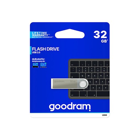 Goodram USB flash disk, USB 2.0, 32GB, UUN2, srebrny, UUN2-0320S0R11, USB A, z oczkiem na brelok