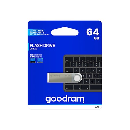 Goodram USB flash disk, USB 2.0, 64GB, UUN2, srebrny, UUN2-0640S0R11, USB A, z oczkiem na brelok