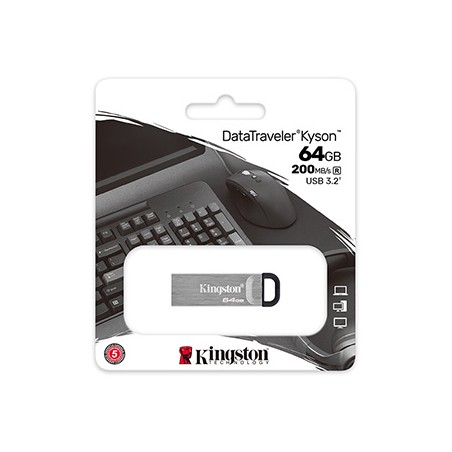 Kingston USB flash disk, USB 3.0, 64GB, DataTraveler(R) Kyson, srebrny, DTKN/64GB, USB A, z oczkiem na brelok