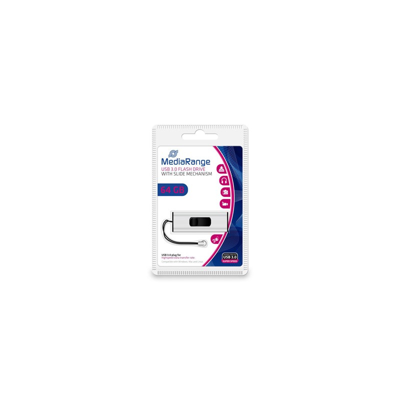 MediaRange USB flash disk, USB 3.0, 64GB, srebrny, MR917, USB A, wysuwany