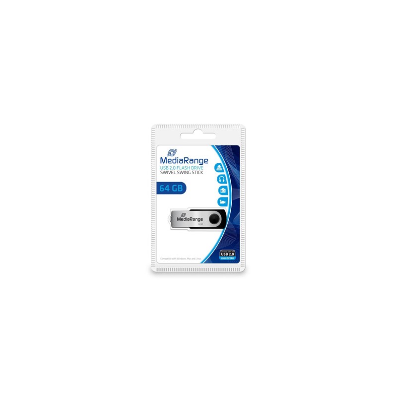 MediaRange USB flash disk, USB USB 2.0, 64GB, czarny, MR912, USB A, swivel / twister