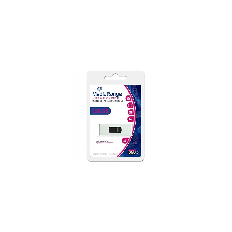 MediaRange USB flash disk, USB 3.0, 128GB, srebrny, MR918, USB A, wysuwany