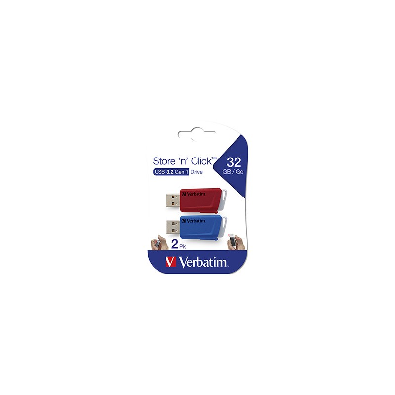 Verbatim USB flash disk, USB 3.0, 32GB, Store N Click, mix kolorów, 49308, USB A, z wysuwanym złączem. 2 szt