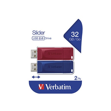 Verbatim USB flash disk, USB 2.0, 32GB, Slider, niebieski, czerwony, 49327, USB A, usb z wysuwanym złączem. 2 szt
