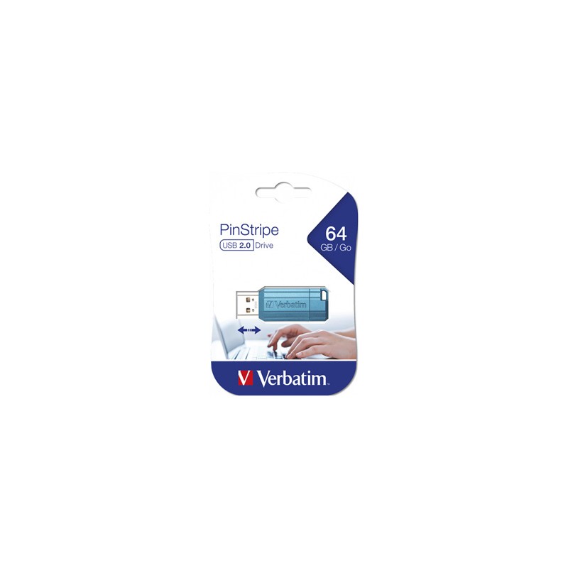 Verbatim USB flash disk, USB 2.0, 64GB, PinStripe, Store N Go, niebieski, 49961, USB A, z wysuwanym złączem