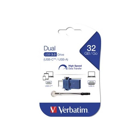Verbatim USB flash disk OTG, USB 3.0, 32GB, Dual, niebieski, 49966, USB A / USB C, z oczkiem na brelok