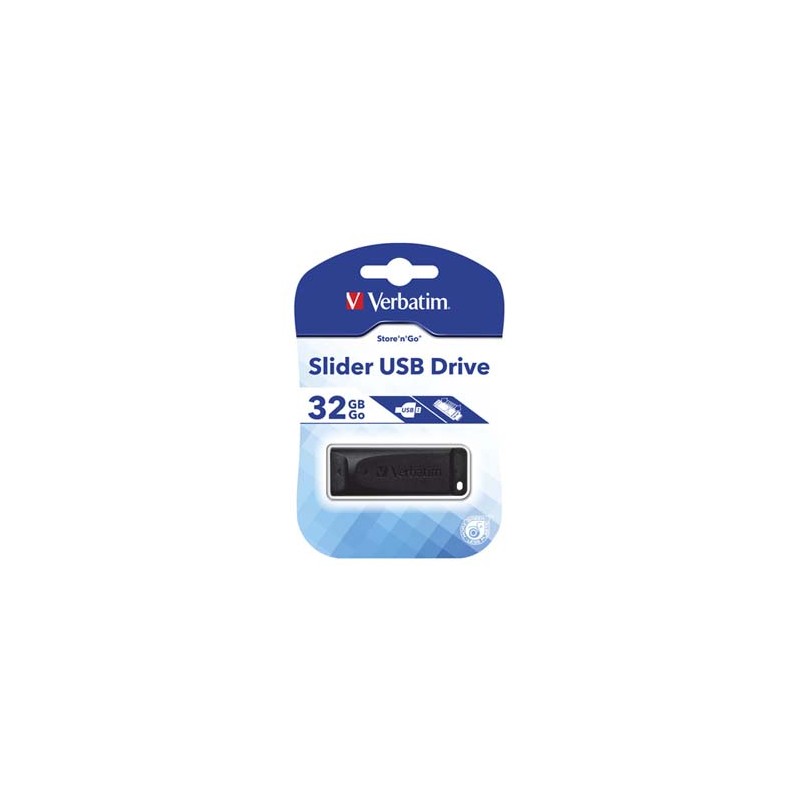Verbatim USB flash disk, USB 2.0, 32GB, Slider, czarny, 98697, USB A, z wysuwanym złączem