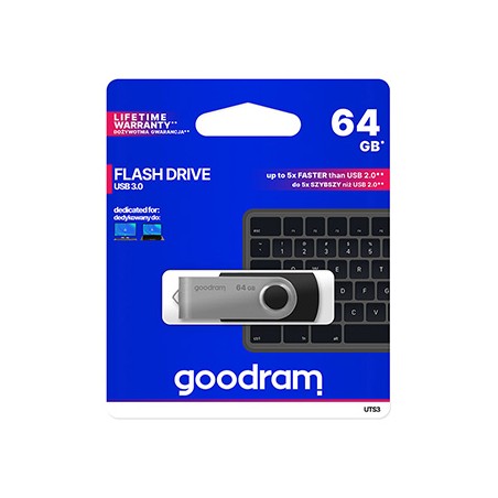 Goodram USB flash disk, USB 3.0, 64GB, UTS3, czarny, UTS3-0640K0R11, USB A, z obrotową osłoną
