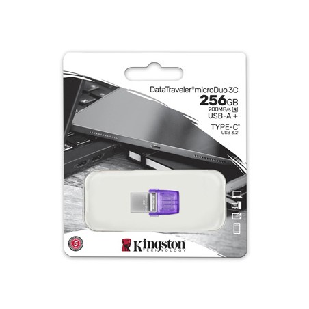Kingston USB flash disk OTG, USB 3.0, 256GB, Data Traveler microDuo3 G2, srebrno-fioletowy, DTDUO3CG3/256GB, USB A / USB C