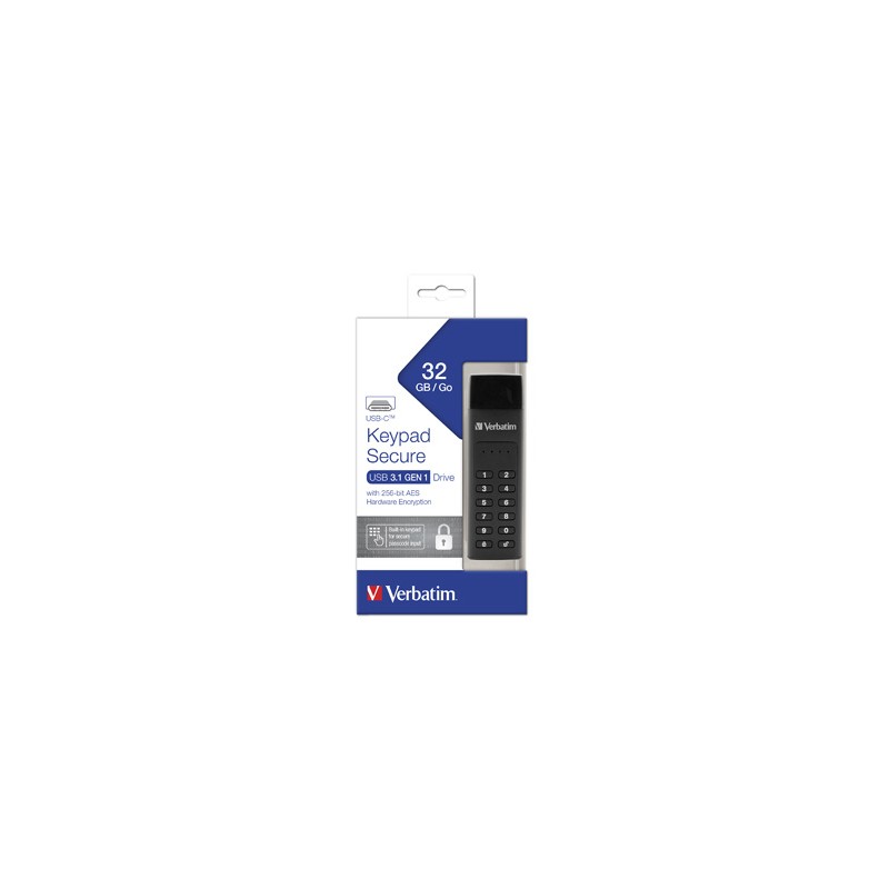 Verbatim USB flash disk, USB 3.0 / 3.1 Gen 1, 32GB, Keypad Secure, czarny, 49430, 256bitowe szyfrowanie AES, LED złącze USB C
