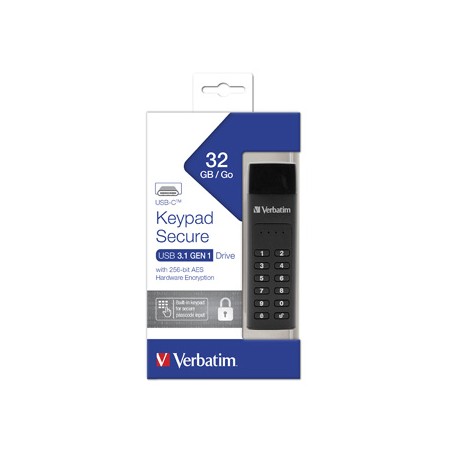Verbatim USB flash disk, USB 3.0 / 3.1 Gen 1, 32GB, Keypad Secure, czarny, 49430, 256bitowe szyfrowanie AES, LED złącze USB C